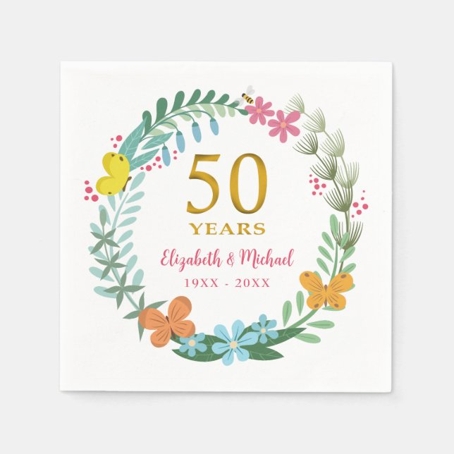 50th Anniversary Golden Floral Butterfly Wreath Napkin (Front)