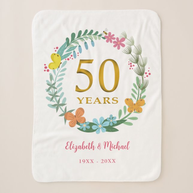 50th Anniversary Golden Floral Butterfly Wreath Sherpa Blanket (Front)