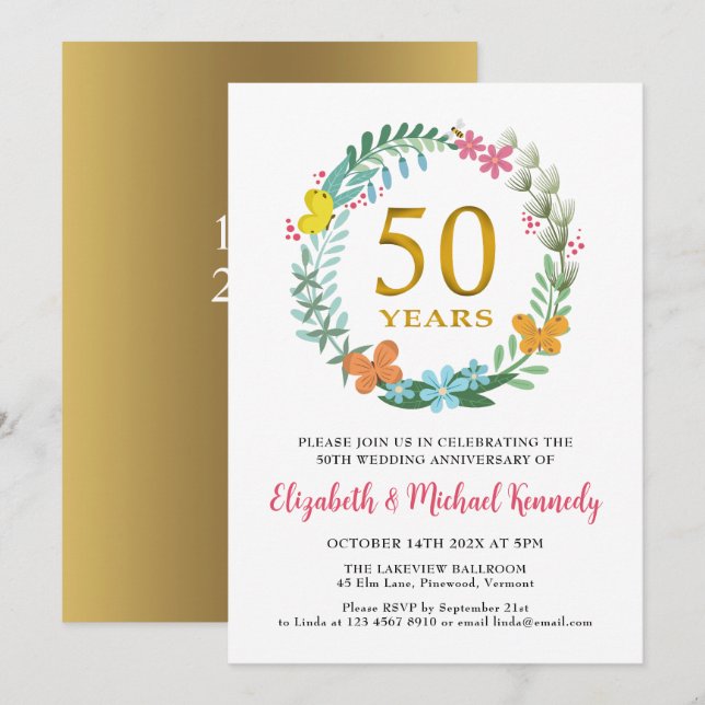 50th Anniversary Golden Floral Wreath Invitation (Front/Back)