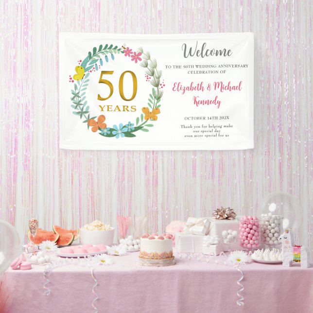 50th Anniversary Golden Floral Wreath Wedding Banner (Party)