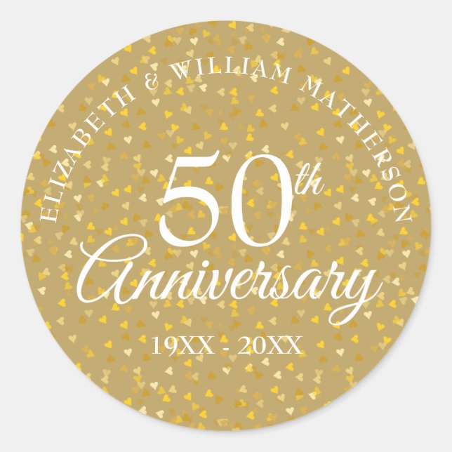 50th Anniversary Golden Hearts Classic Round Sticker (Front)