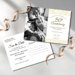 50th Anniversary Golden Hearts Photo Save the Date Announcement Postcard<br><div class="desc">Featuring delicate gold hearts confetti,  you can personalize with your special photo and fifty years golden anniversary save the date information in chic lettering. The reverse features extra celebration details. Designed by Thisisnotme©</div>