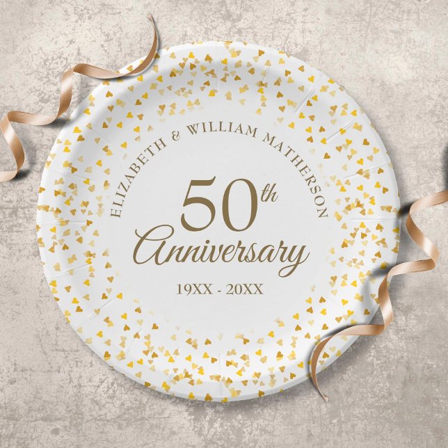 50th Anniversary Golden Love Hearts Confetti Paper Plate (Creator Uploaded)
