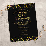 50th Anniversary Golden Love Hearts Save the Date  Postcard<br><div class="desc">Featuring delicate gold love hearts confetti on a black background. Personalize with your fifty years golden anniversary save the date details in elegant lettering. Designed by Thisisnotme©</div>