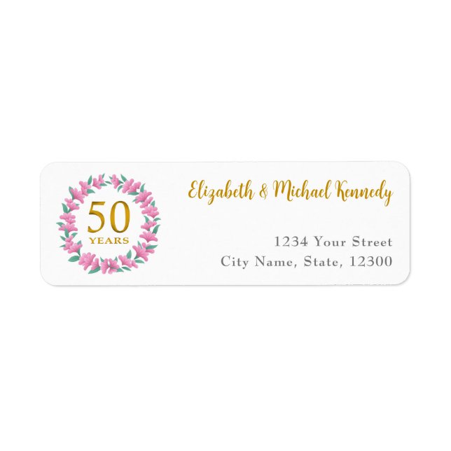 50th Anniversary Golden Pink Floral Address Labels (Front)