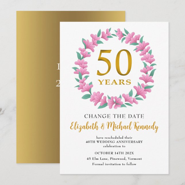 50th Anniversary Golden Pink Floral Change Date Invitation (Front/Back)