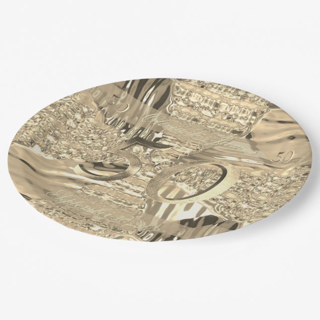 50th Anniversary Golden Wedding Elegant Faux Gold Paper Plate (Angled)