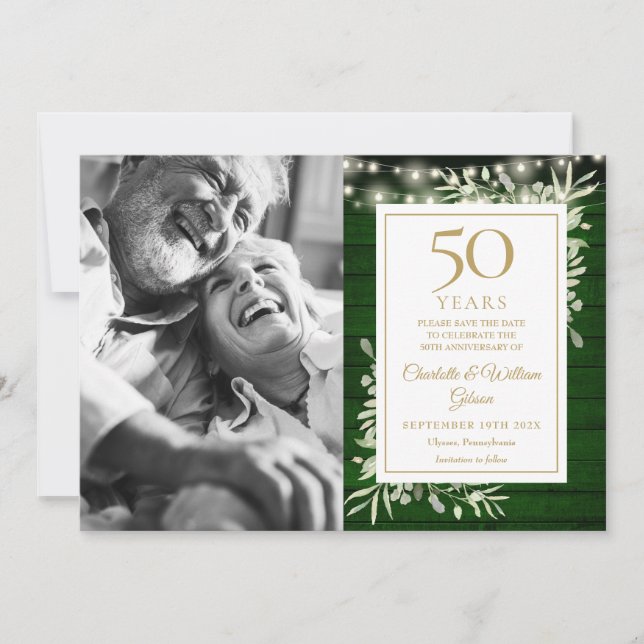 50th Anniversary Green Wood Floral Lights Photo Save The Date (Front)