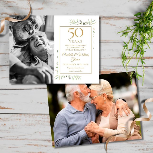 50th Anniversary Greenery 2 Photos Save The Date Announcement Postcard (Creator Uploaded)