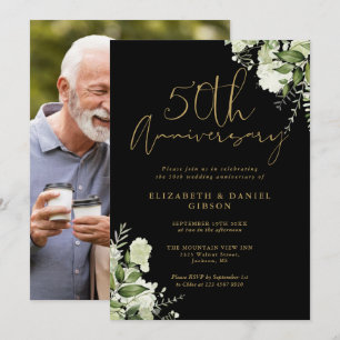 50th Anniversary Greenery Black And Gold Photo Invitation