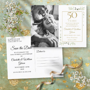 50th Anniversary Greenery Photo Save The Date Announcement Postcard