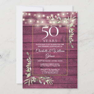50th Anniversary Greenery String Lights Red Wood Invitation