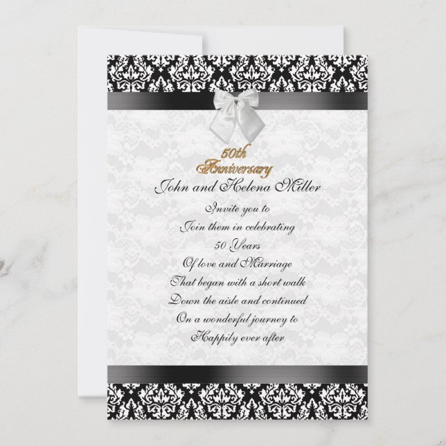 50th Anniversary invitation black white damask (Front)