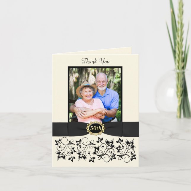 50th Anniversary Ivory Black Floral Thank You Card (Front)