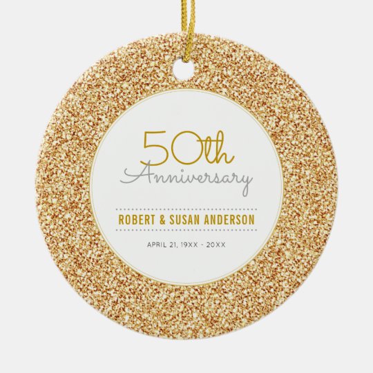 50th Anniversary Keepsake Faux Gold Glitter Ceramic Ornament