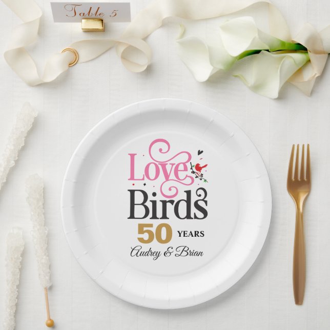 50th Anniversary Love Birds Personalized Paper Plate (Wedding)