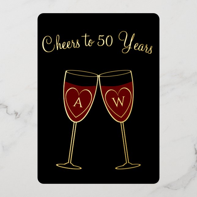 50th Anniversary Monogram Wine Glasses Cheers Gold (Front)