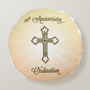50th Anniversary of Ordination, Gold Cross on Star Round Pillow