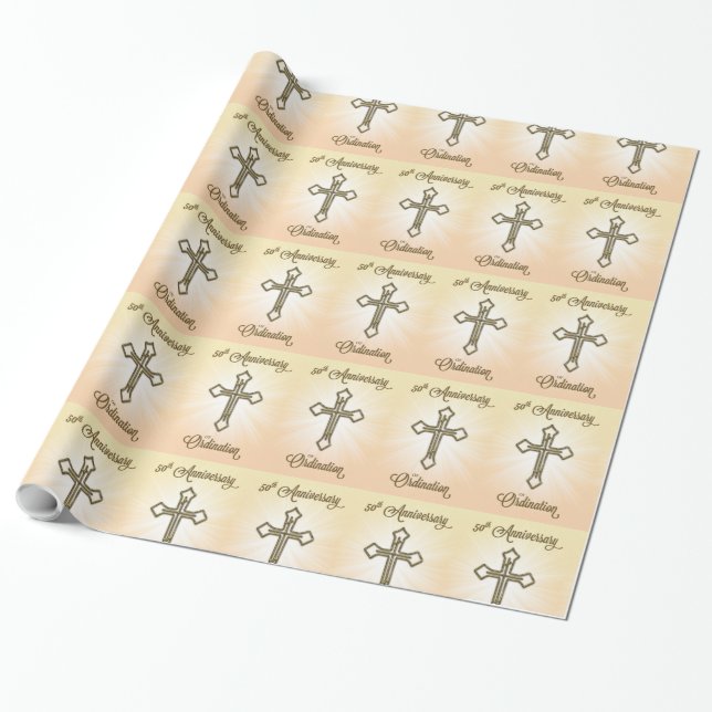 50th Anniversary of Ordination, Gold Cross on Star Wrapping Paper (Unrolled)