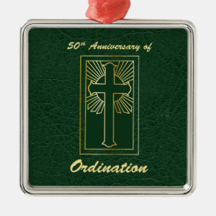 50th Anniversary of Ordination Green Leather Look Metal Ornament