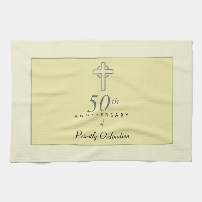 50th Anniversary of Priest with Embossed Cross Kitchen Towel (Horizontal)