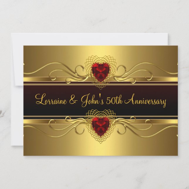 50th Anniversary Party Black gold Red Heart Invitation (Front)