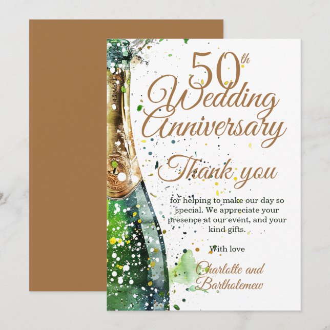 50th Anniversary Party Bubbly Bottle Thank You Card (Front/Back)