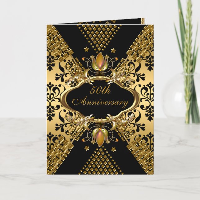 50th Anniversary Party Gold Black Damask Deco 3 Invitation (Front)