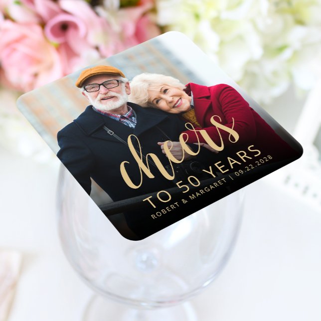 50th Anniversary Party Photo Gold Cheers Square Paper Coaster (Creator Uploaded)