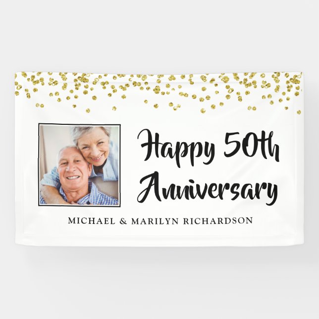 50th Anniversary Photo Gold Confetti Banner (Horizontal)