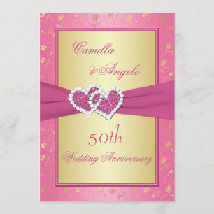 50th Anniversary Pink and Gold Joined Hearts Invitation