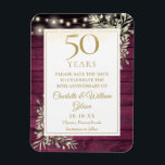 50th Anniversary Red Rustic Wood Save The Date Magnet<br><div class="desc">Featuring delicate watercolor country garden greenery and pretty string lights on a burgundy red wood panels background,  this chic rustic save-the-date anniversary invitation can be personalized with your special 50 years anniversary celebration information. Designed by Thisisnotme©</div>