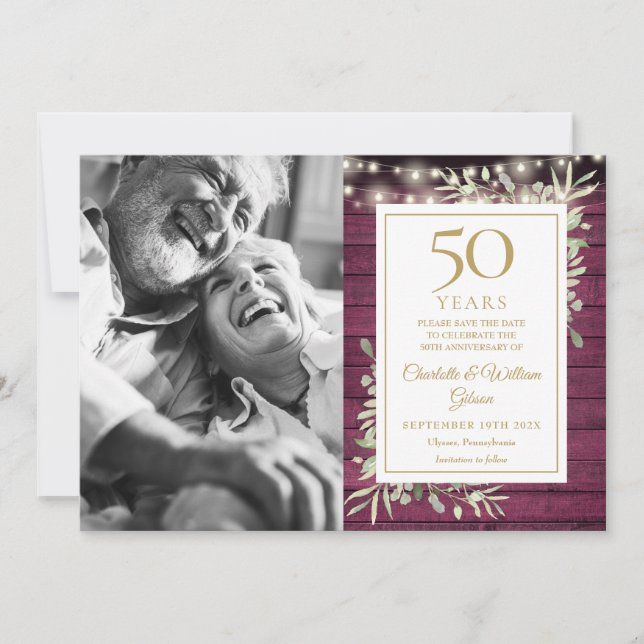 50th Anniversary Red Wood Greenery Lights Photo Save The Date (Front)