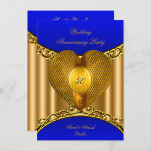 50th Anniversary Royal Blue Gold Golden Heart Invitation