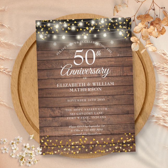 50th Anniversary Rustic Gold Hearts String Lights Invitation (50th Anniversary Rustic Gold Hearts String Lights Invitation)