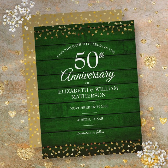 50th Anniversary Rustic Save the Date Gold Hearts  Postcard (50th Anniversary Rustic Save the Date Gold Hearts Postcard)