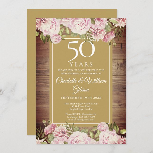 50th Anniversary Rustic Watercolour Pink Roses  Invitation (Front/Back)