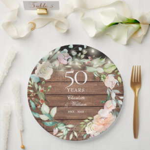 50th Anniversary Rustic Wood String Lights Floral Paper Plate