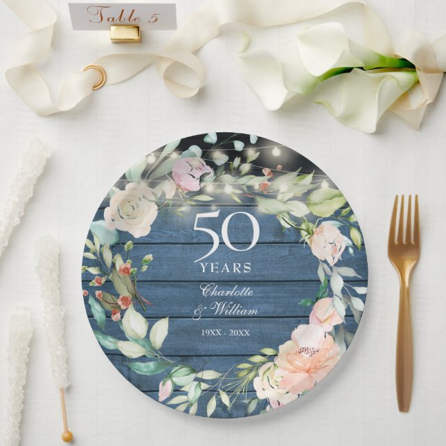 50th Anniversary Rustic Wood String Lights Floral Paper Plate (Wedding)