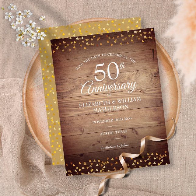 50th Anniversary Save the Date Gold Hearts Rustic  Postcard (Creator Uploaded)