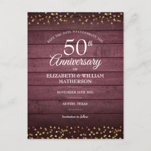 50th Anniversary Save the Date Gold Hearts Rustic Postcard