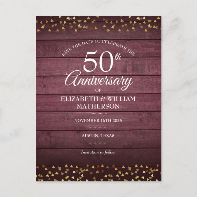 50th Anniversary Save the Date Gold Hearts Rustic  Postcard (Front)