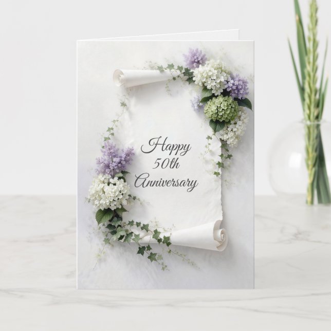 50th Anniversary Scroll Lilacs and Hydrangeas  Card (Front)