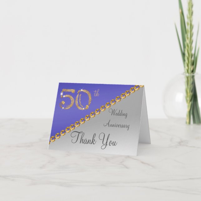 50th Anniversary Silver & Gold, Blue Thank You Card (Front)