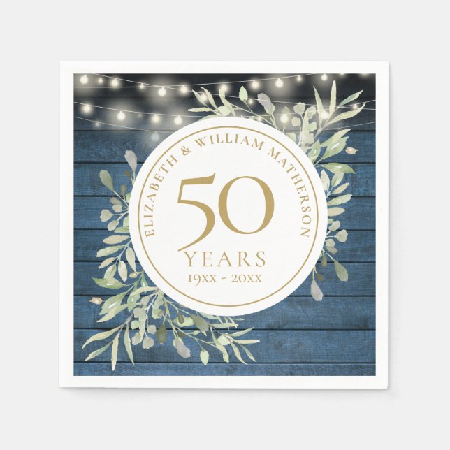 50th Anniversary String Lights Foliage Rustic Wood Napkin (Front)