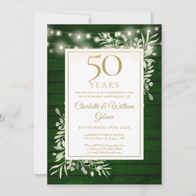 50th Anniversary String Lights Green Wood Floral Invitation (Front)