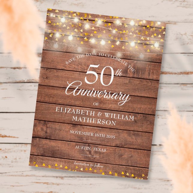 50th Anniversary String Lights Wood Save the Date Announcement Postcard (Creator Uploaded)