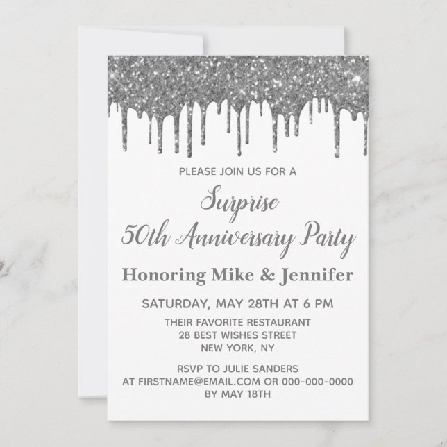50th Anniversary Surprise Party White and Silver Invitation (Front)