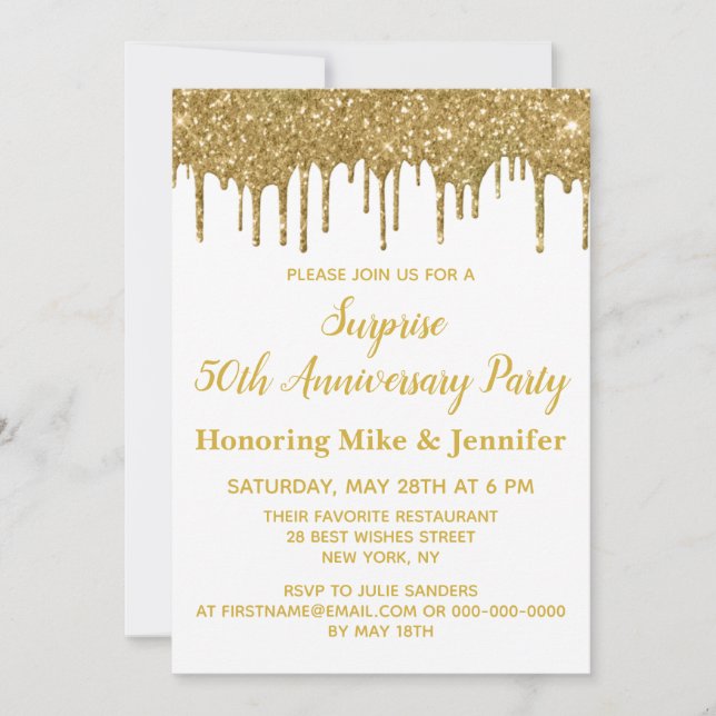 50th Anniversary Surprise Party White Gold Glitter Invitation (Front)