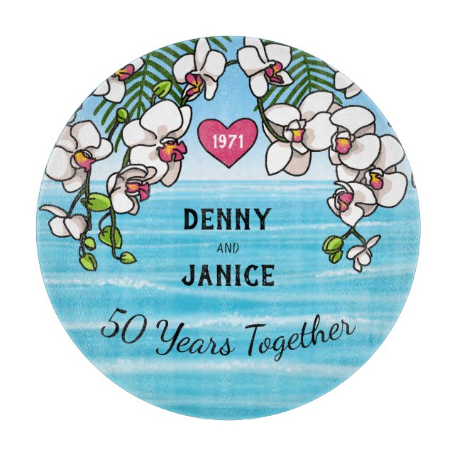 50th Anniversary Tropical Beach Orchids Cutting Board (Front)
